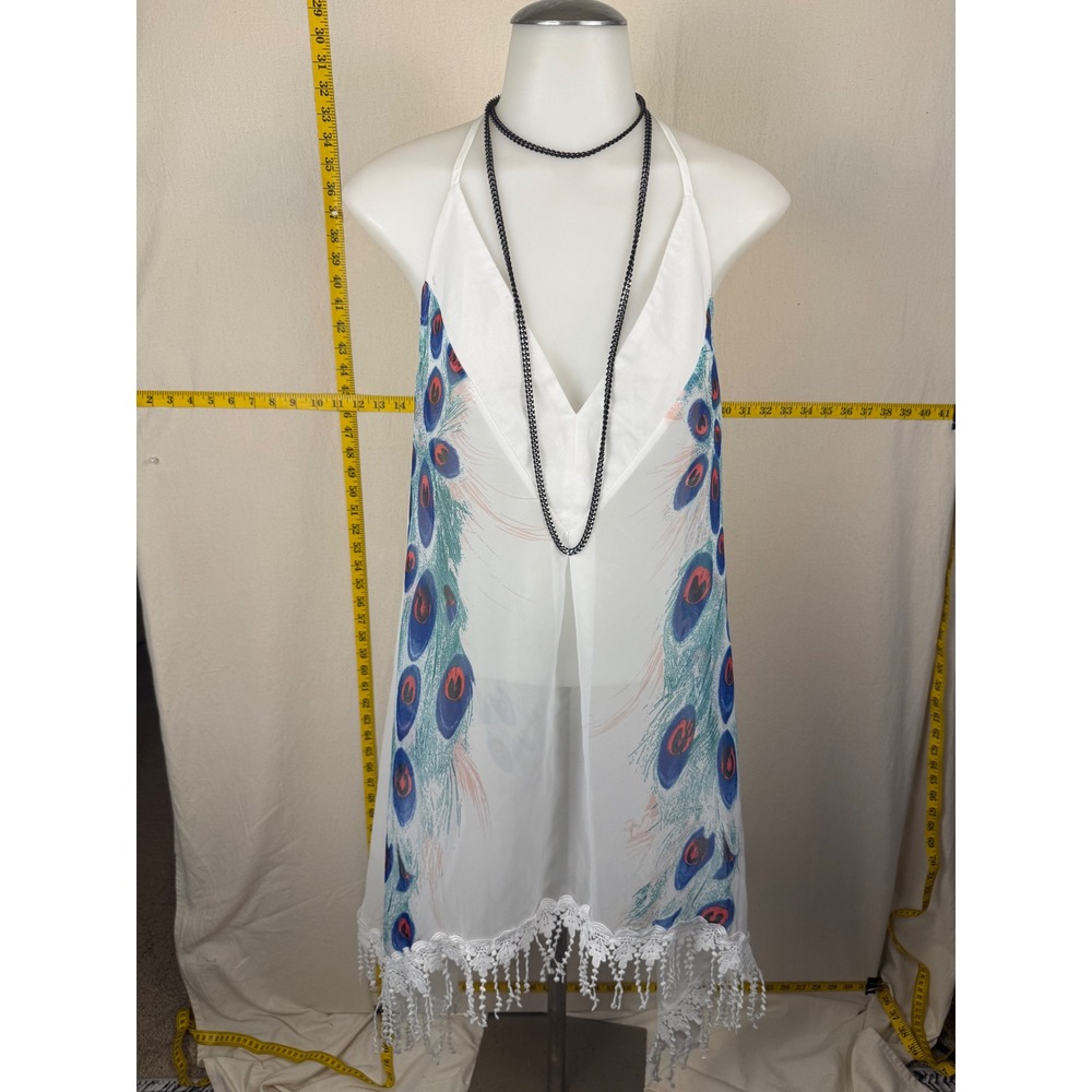 Peacock Print Womens One Size Sheer Layering Cover Up W/White Tassel Lace Hem